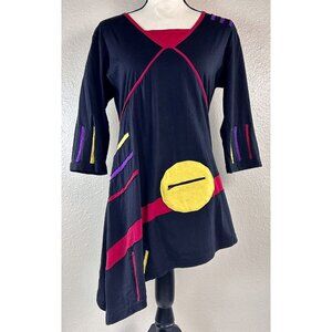 Dragonfly Brand Black Red Geometric Asymmetrical Hem Art Tunic Blouse Top S